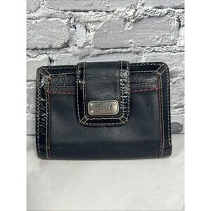 Vintage Fossil Snap Close Passport Wallet Black Leather Red Stitching